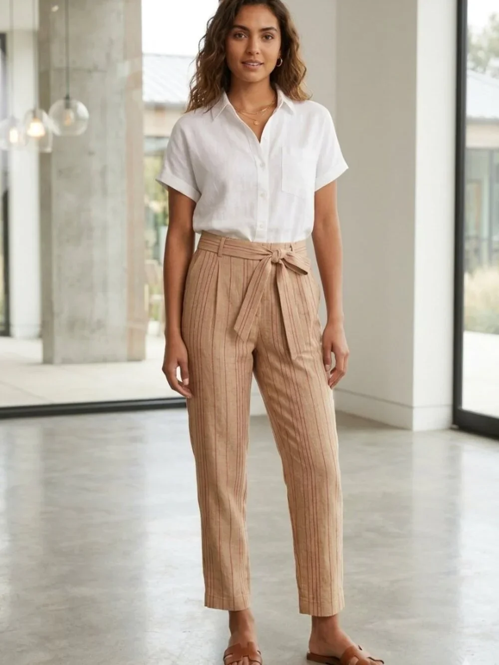 Banana Republic Avery Petite 6P Linen Blend Cropped Pants Tan Red Stripe Belt
